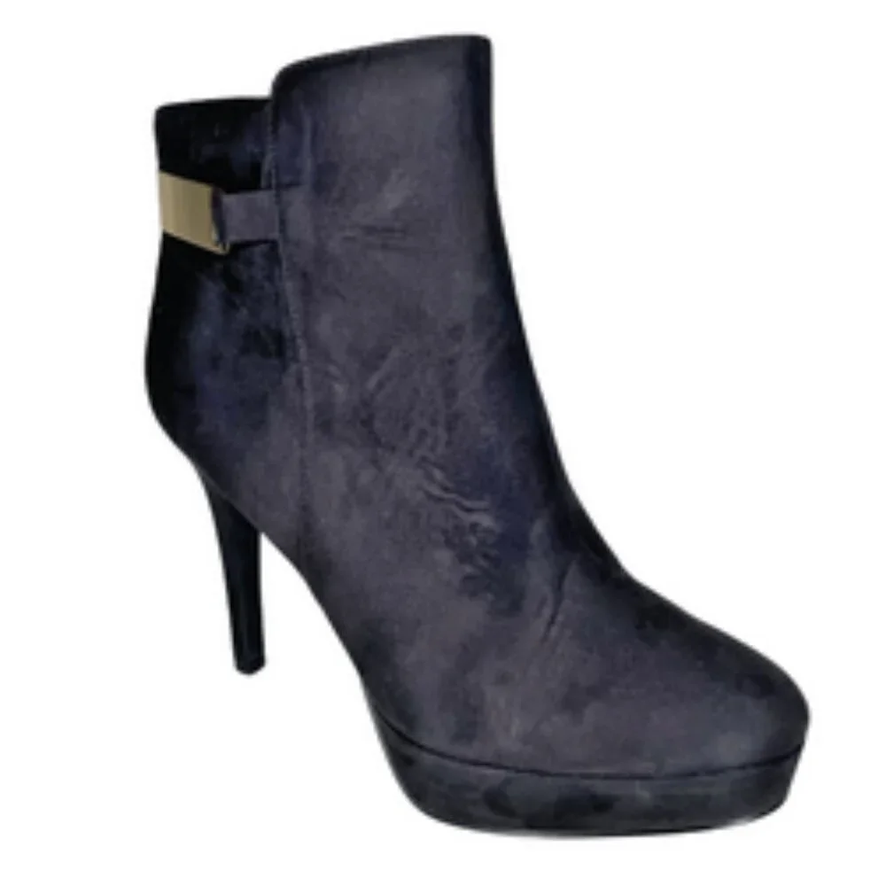 H&M Office Siren Faux Suede Platform Ankle Boots Gold Buckle Hardware Black 9.5